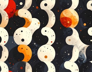 Abstract cosmic pattern featuring yin-yang shapes with celestial details