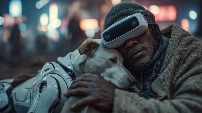 Homeless man wearing a virtual reality headset while holding his robodog, illustrating the intersection of advanced technology, poverty, and emotional connection