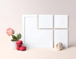 Mockup of blank picture frames with decor and a soft color background