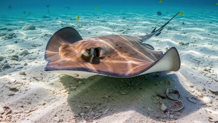 Underwater tranquility: a captivating stingray gliding gracefully over the sandy seafloor