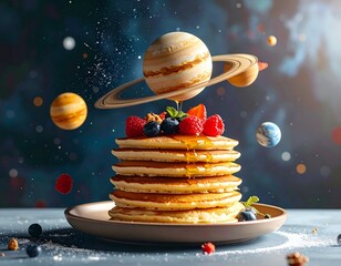 Stacked pancakes with fruit and syrup, as celestial bodies float around