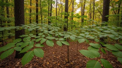 Tranquil forest floor with lush foliage and towering trees creates a calming ambiance