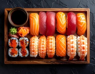 Assortment of colorful sushi on a wooden tray with sauce and ginger