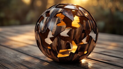 A fragmented sphere constructed from polished wood segments with a warm inner glow rests on a weathered wooden surface