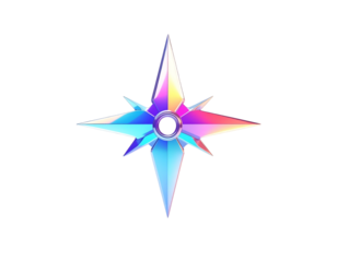A vibrant, four-pointed star with a central hole, on a black background
