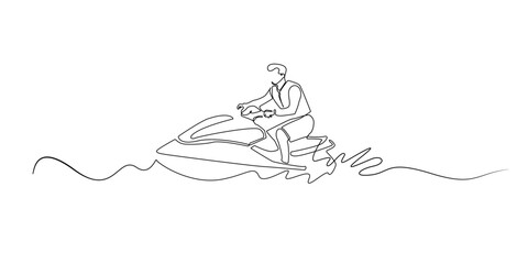 Obraz premium Hand drawn continuous line illustration of a man riding a jet ski on water. Single line artwork created for water sport, speed action, and outdoor adventure concepts.