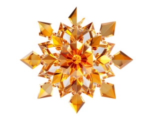 Intricate golden-yellow crystal snowflake, sparkling against a black backdrop