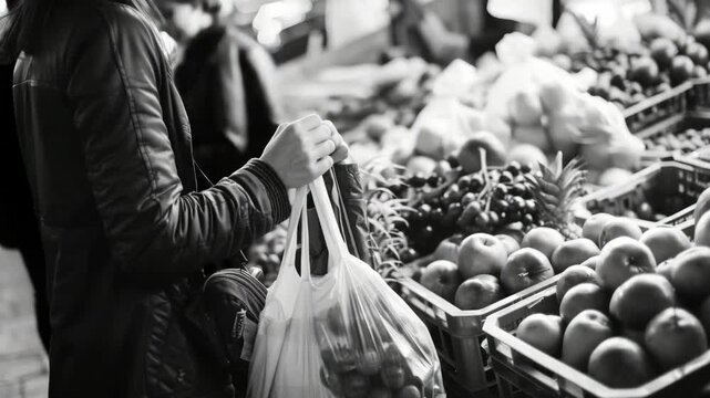 Hand holding plastic bag over produce