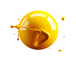 A bright yellow sphere with dynamic paint splash against a black background