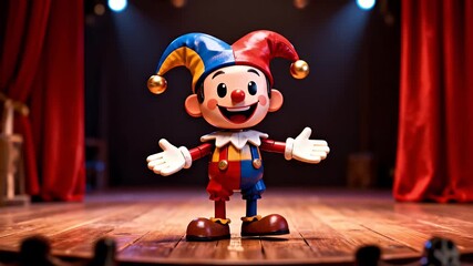 A cartoon jester character in a red and blue outfit stands on a wooden stage with red curtains and spotlights, welcoming the audience.
