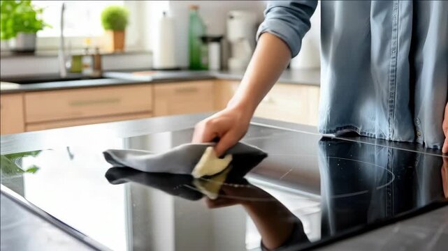 Kitchen scene with person using a sponge to clean countertops.