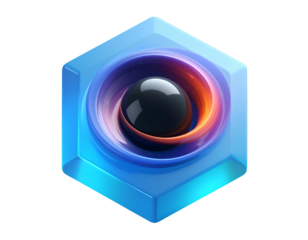 A polished abstract design of a sphere within a swirling nebula and crystal hexagon