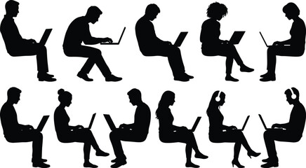 Fototapeta premium Set of black silhouettes of people sitting and working on laptops, diverse men and women using computers for office work, study, or freelance business.