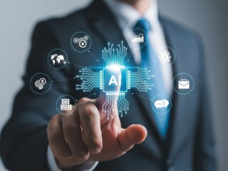 Businessman Interface with Artificial Intelligence AI Chip