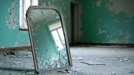 A cracked mirror with jagged broken fragments reflects a dimly lit abandoned room with peeling green paint on the walls