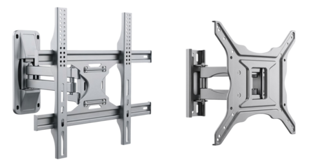 TV wall mount bracket with swivel and tilt mechanism in grey on a transparent background