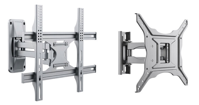 TV wall mount bracket with swivel and tilt mechanism in grey on a transparent background