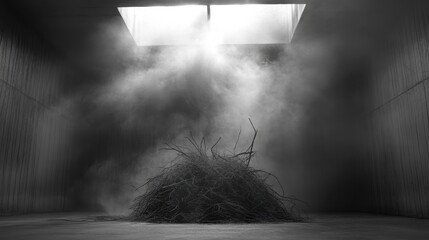A dry bundle of hay or straw sits on the floor illuminated by bright overhead lighting casting atmospheric shadows and creating a textured focus