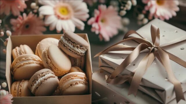 A lovely boxed assortment of macaron cookies, possibly homemade, adorned with a ribbon and flowers.
