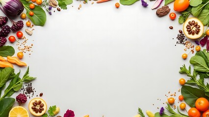 Fototapeta premium Vibrant fruit and vegetable border on white background for healthy eating and nutrition concepts