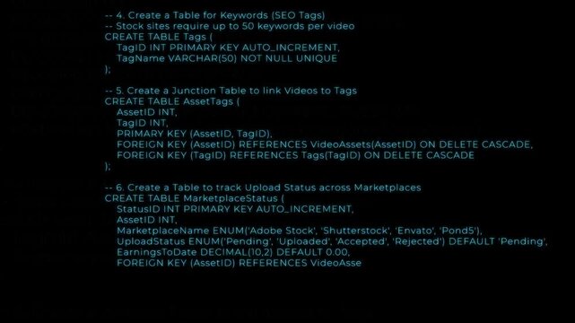 This video features a professional, dark-themed scrolling sequence of SQL database code. The script outlines a comprehensive schema for managing a stock video asset library.