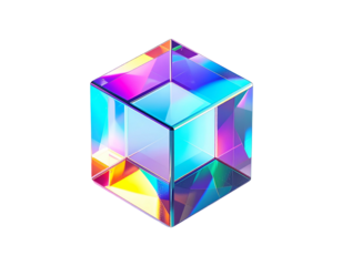 A colorful, prismatic cube glows against a black background