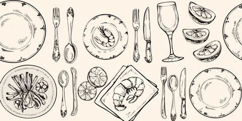 A sketched seamless pattern featuring plates cutlery shrimp and lemon slices