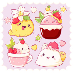 Set of stickers with cute dessert in kawaii style. Cake, jelly, muffin, cupcake with whipped cream and strawberry. Can be used for t-shirt print, sticker, greeting card. Vector illustration EPS8