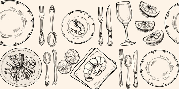 A sketched seamless pattern featuring plates cutlery shrimp and lemon slices