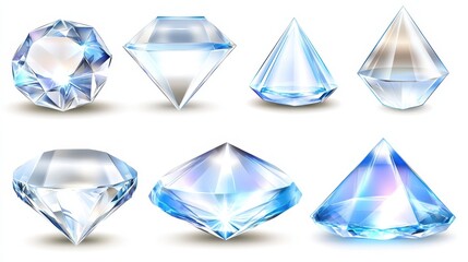 A collection of perfectly symmetrical clear glass prisms displaying brilliant light and sparkle