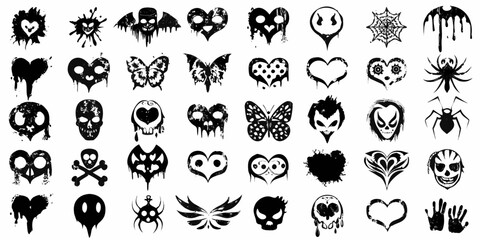 Collection of spooky gothic symbols skulls hearts spiders and butterflies