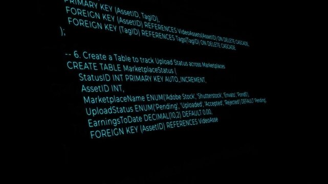 A dynamic scrolling animation of SQL code, featuring table creation for video assets and tag management.
