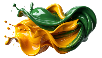 Swirling liquid in green and gold, creating an abstract, dynamic shape