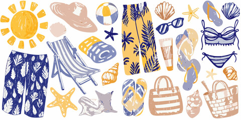 Colorful summer illustration depicting beach essentials and warm weather objects