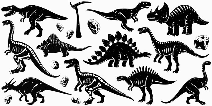 A collection of various prehistoric dinosaurs and fossilized eggs in black and white