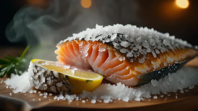 Salmon fillet resting on coarse salt crust with lemon slice steaming hot on a wooden serving board