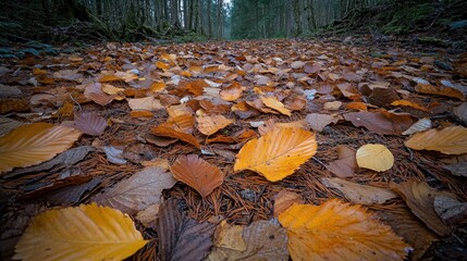 A dense carpet of fallen autumn leaves and pine needles covers the forest floor creating a rich organic texture on a woodland path