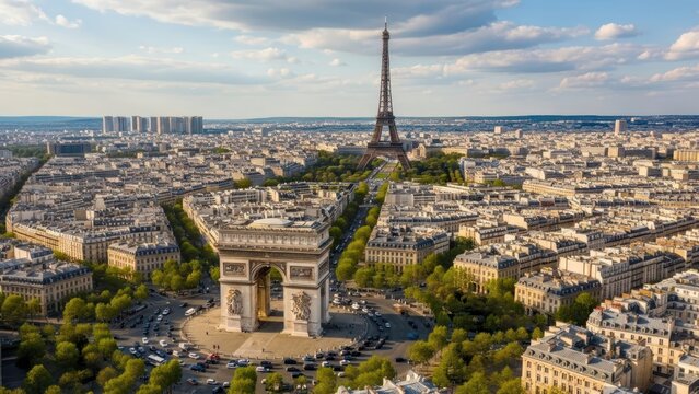 Parisian cityscape featuring the iconic Eiffel Tower and Arc de Triomphe landmark