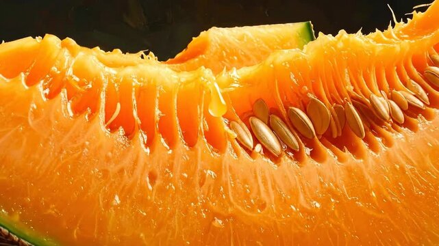 Close-up of a juicy cantaloupe slice, showcasing its vibrant color and texture.
