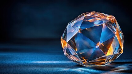 A faceted crystal prism refracts a spectrum of colors with brilliant light against a dark blue background