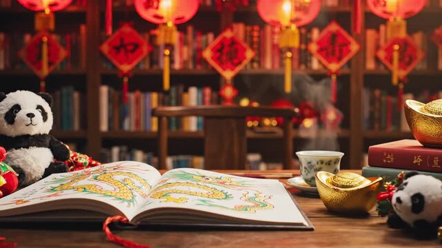 A panda sits beside an open book on a table in a library with Chinese decorations and lanterns in the background, surrounded by festive items