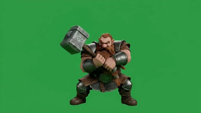 Powerful Dwarf Warrior Character Animation with Hammer on Green Screen.