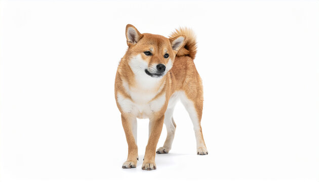 Shiba Inu Dog Scratching Ear with Hind Leg Isolated on White Background