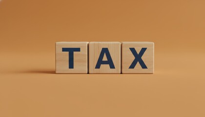 Wooden blocks with black letters spelling the word tax on a warm orange background, representing concepts like finance, government revenue, payment, and financial obligations