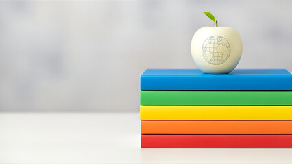 A white apple sits on top of a stack of colorful books on a white surface viewed from the side