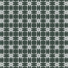 Repeating pattern of white floral motifs on dark green background.