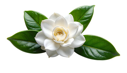 Close Up of a White Flower and Green Leaves on a Black Background