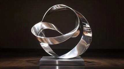 A gleaming chrome abstract sculpture with intertwined metallic loops sits on a polished base showcasing modern artistic design