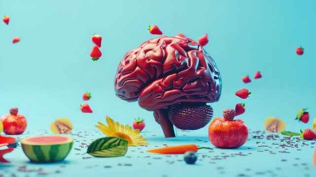 A brain shaped candy with nutritious fruit and vegetable bits floating around it.