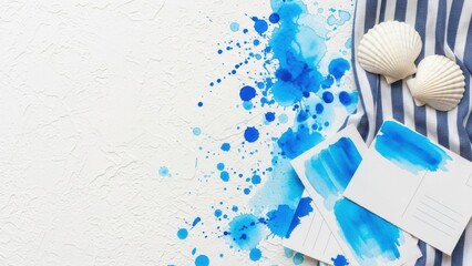 Vibrant blue watercolor postcards and seashells on striped towel